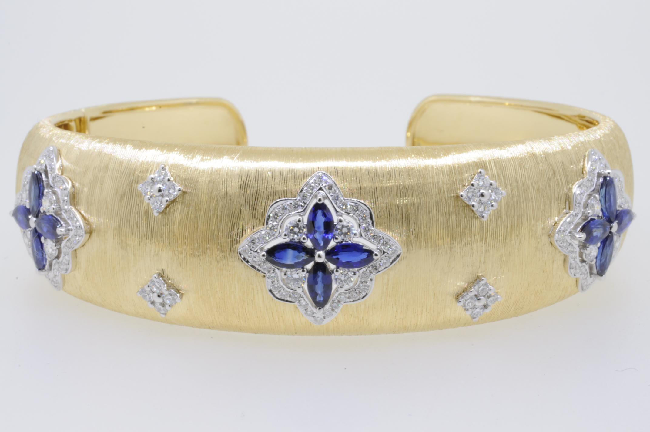 Women's Sapphire Diamond Yellow White 18K Gold Link Bracelet in Florentine Technique