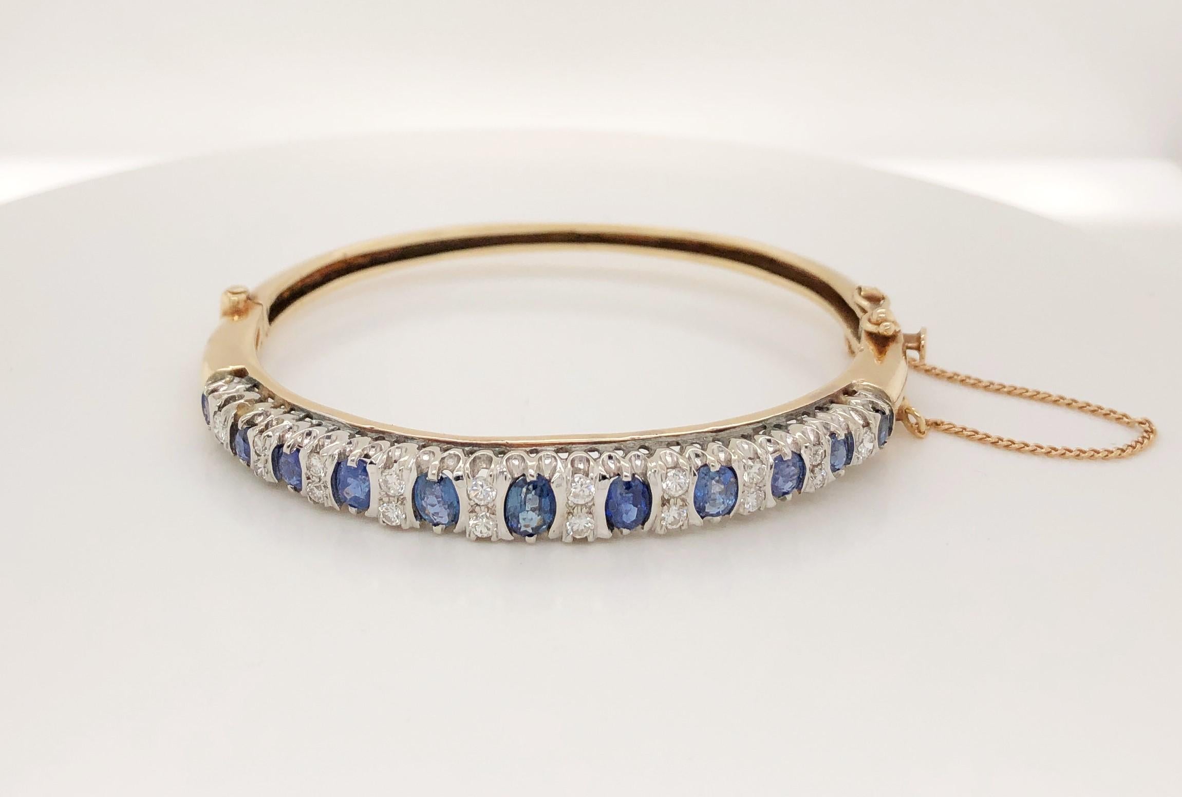 Women's Blue Sapphire Diamond 14K Yellow Gold Bangle Bracelet