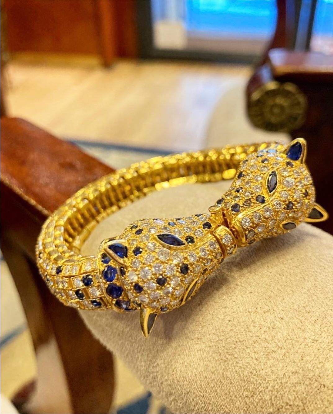 Brilliant Cut Sapphire and Diamond Yellow Gold Cheetah Bracelet For Sale