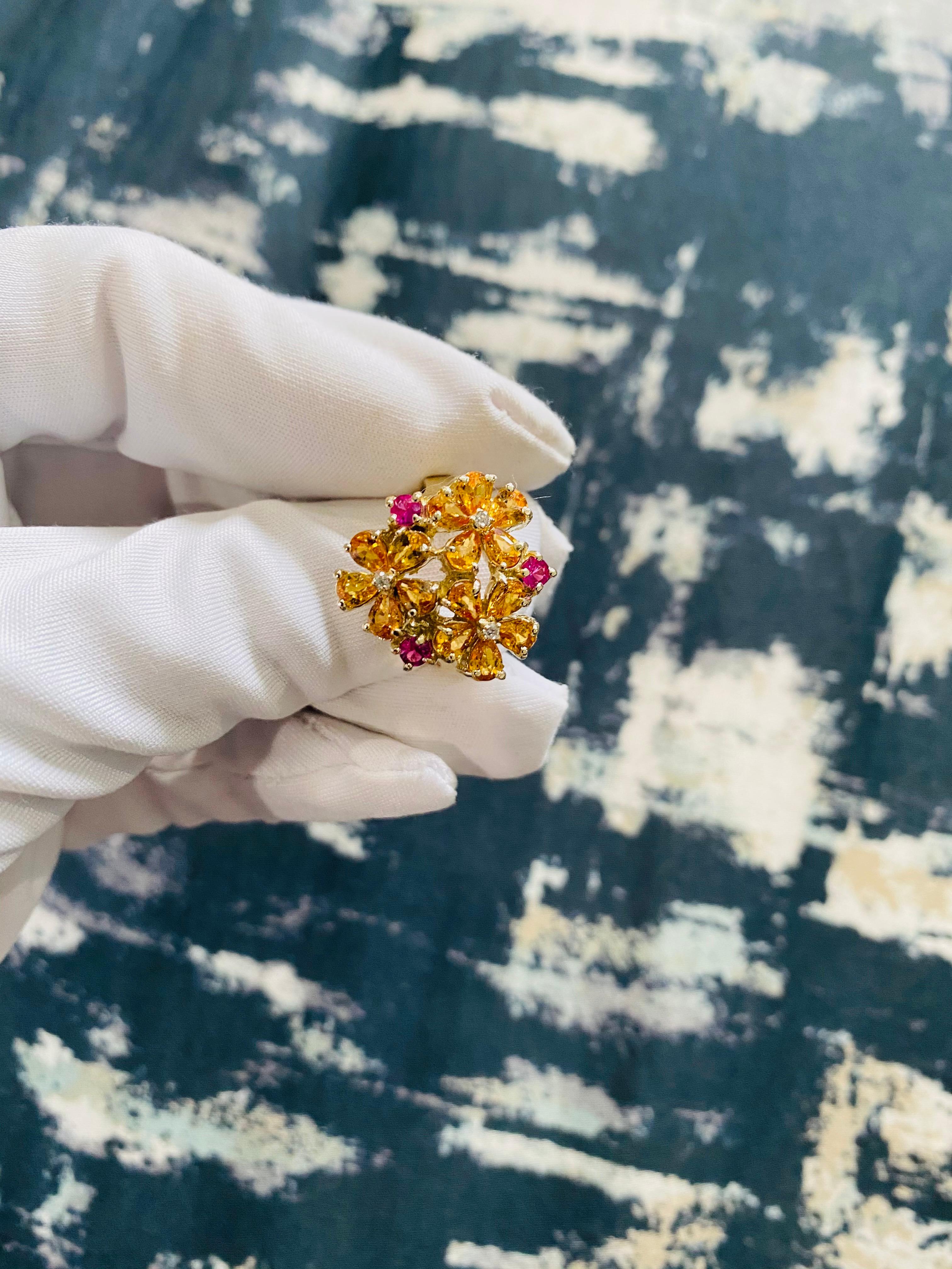Sapphire Diamond Yellow Gold Floret Design Cocktail Ring For Sale 2