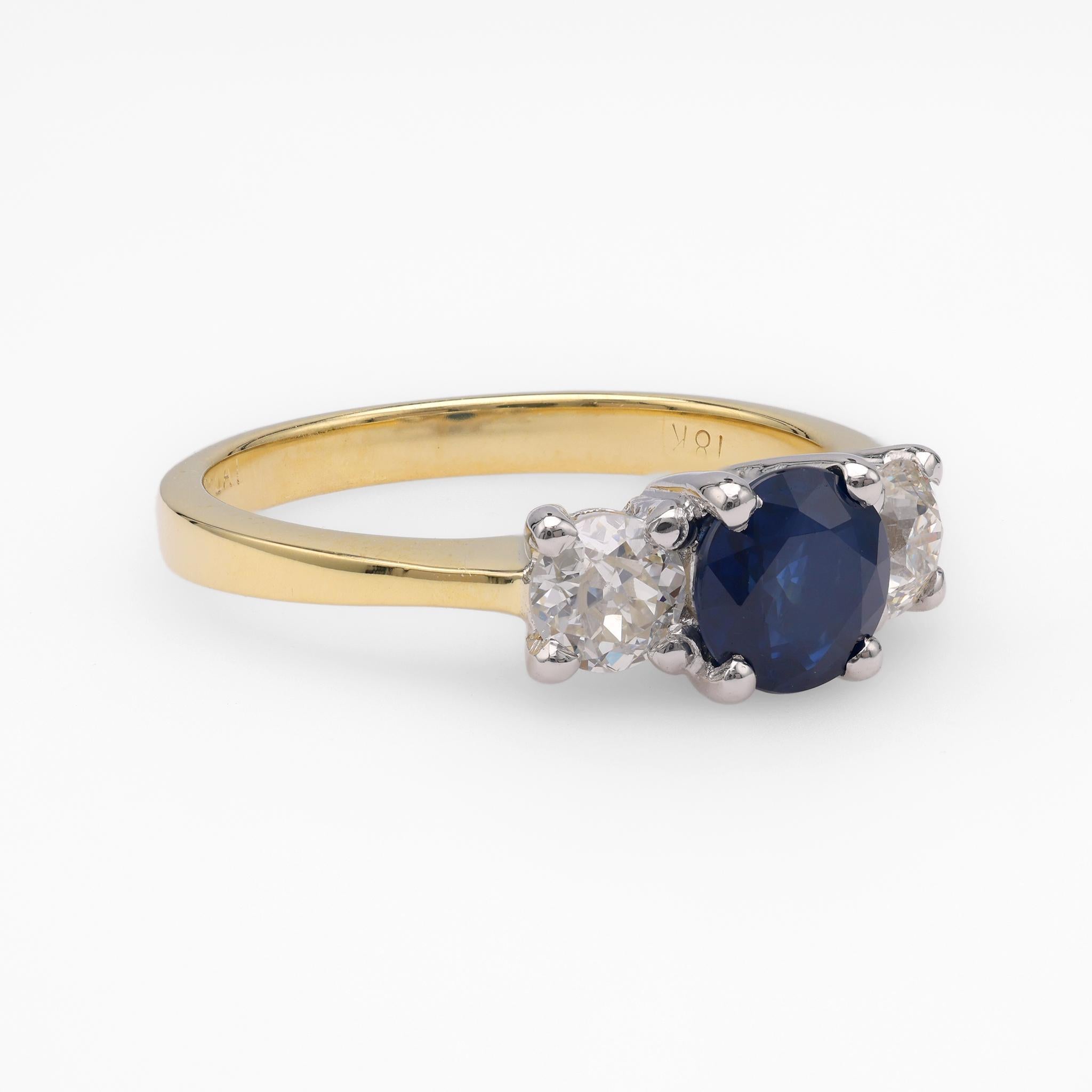 Round Cut Sapphire Diamond Yellow Gold & Platinum Three Stone Ring For Sale