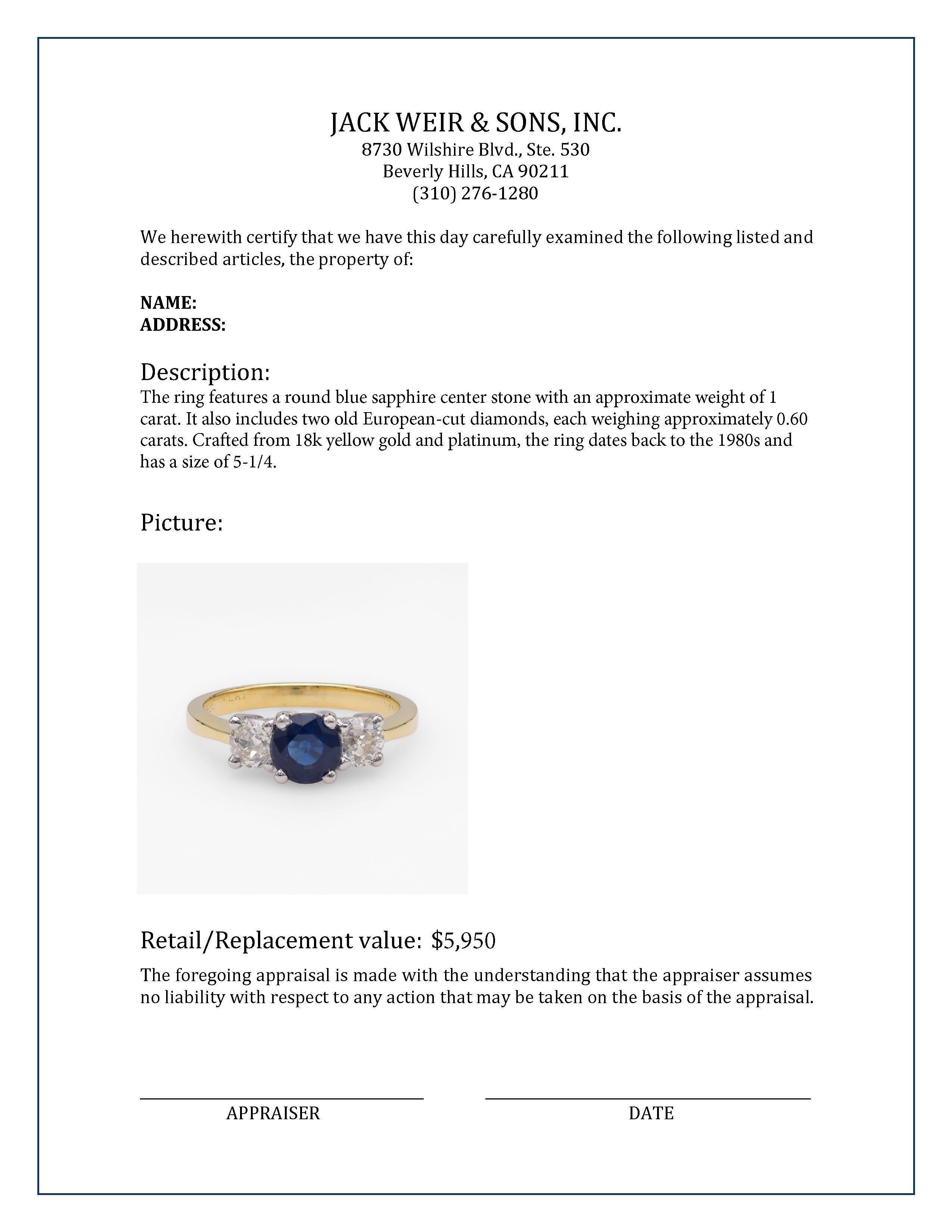 Sapphire Diamond Yellow Gold & Platinum Three Stone Ring In Excellent Condition For Sale In Beverly Hills, CA