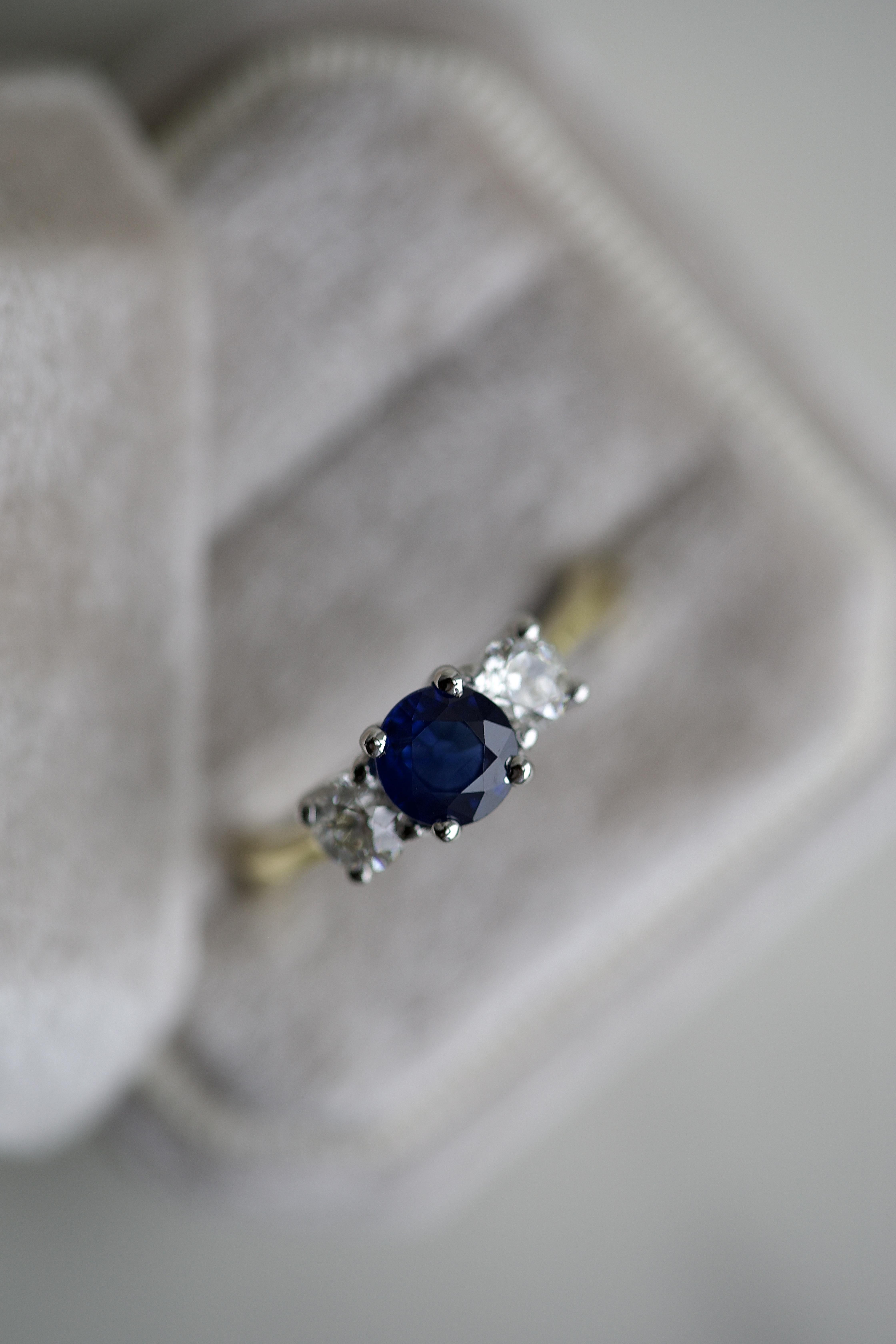 Women's or Men's Sapphire Diamond Yellow Gold & Platinum Three Stone Ring