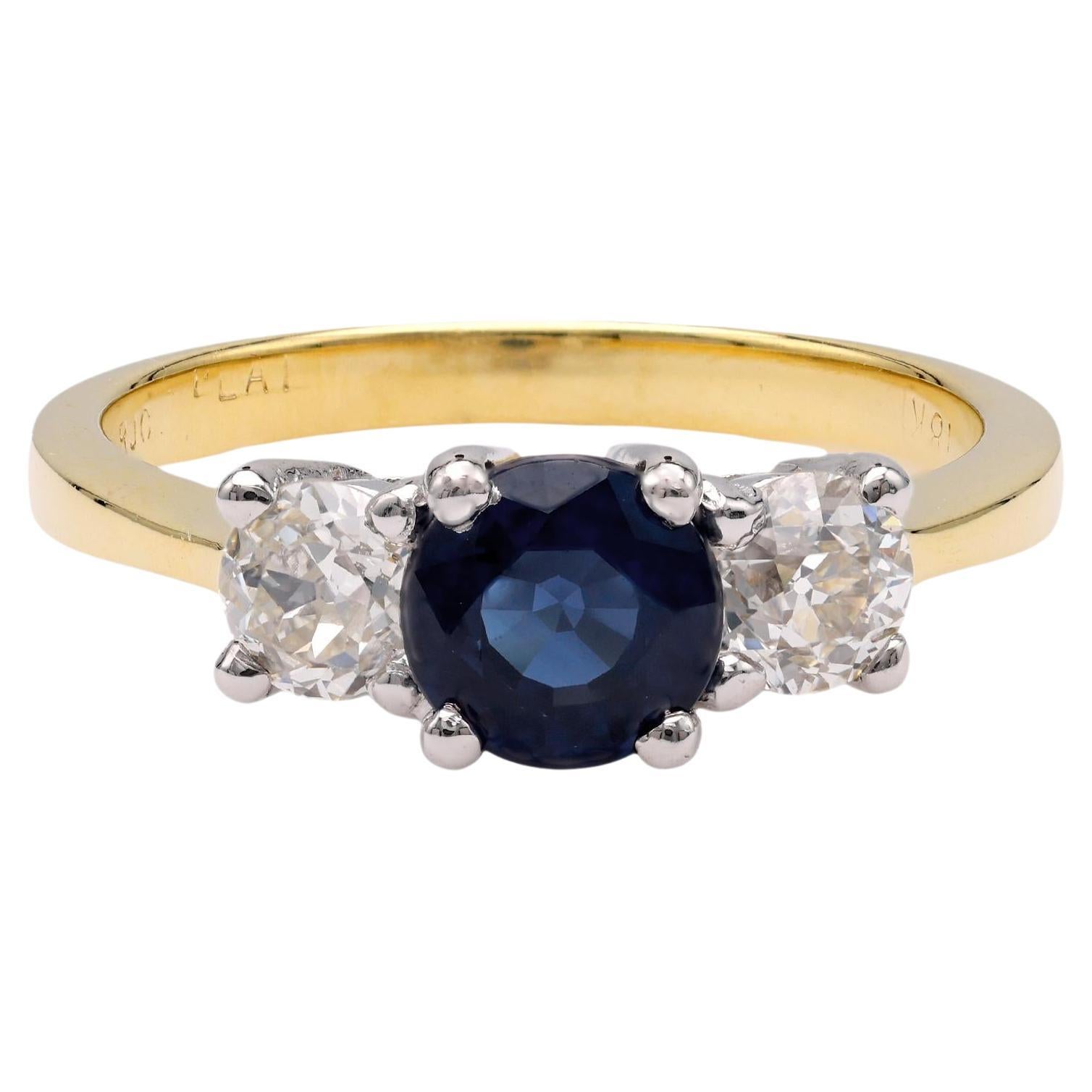 Sapphire Diamond Yellow Gold & Platinum Three Stone Ring For Sale