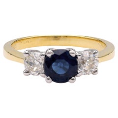 Vintage Sapphire Diamond Yellow Gold & Platinum Three Stone Ring