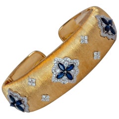Antique Sapphire Diamond Yellow White 18K Gold Link Bracelet in Florentine Technique