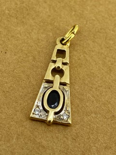 Sapphire & Diamond Zipper Pull Vintage Pendant in 14K Yellow Gold, 28mm x 10mm