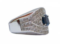 Sapphire, Diamonds, 14 Karat White Gold Band Ring.