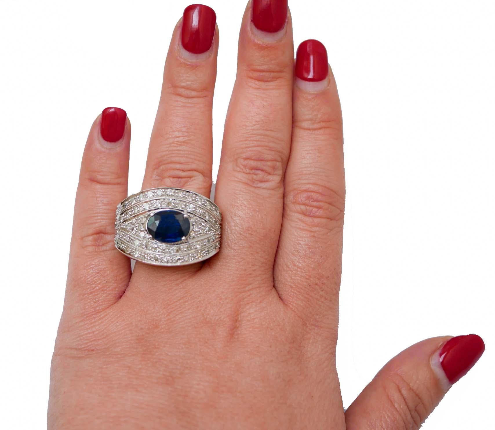 Mixed Cut Sapphire, Diamonds, 14 Karat White Gold Band Ring. For Sale
