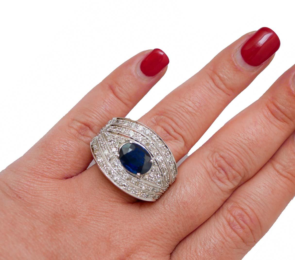 Sapphire, Diamonds, 14 Karat White Gold Band Ring. In Good Condition For Sale In Marcianise, Marcianise (CE)