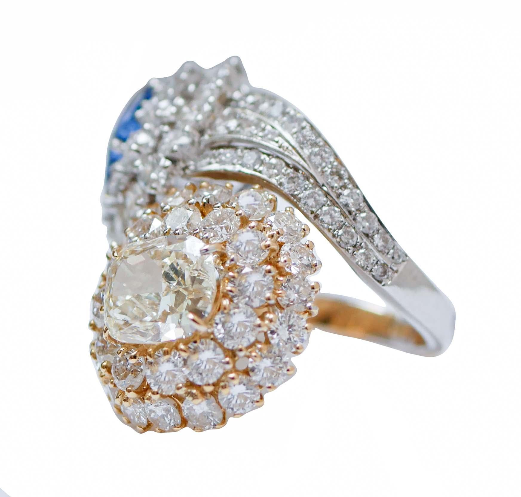 Retro Sapphire, Diamonds, 18 Karat White Gold and Yellow Gold Ring. For Sale