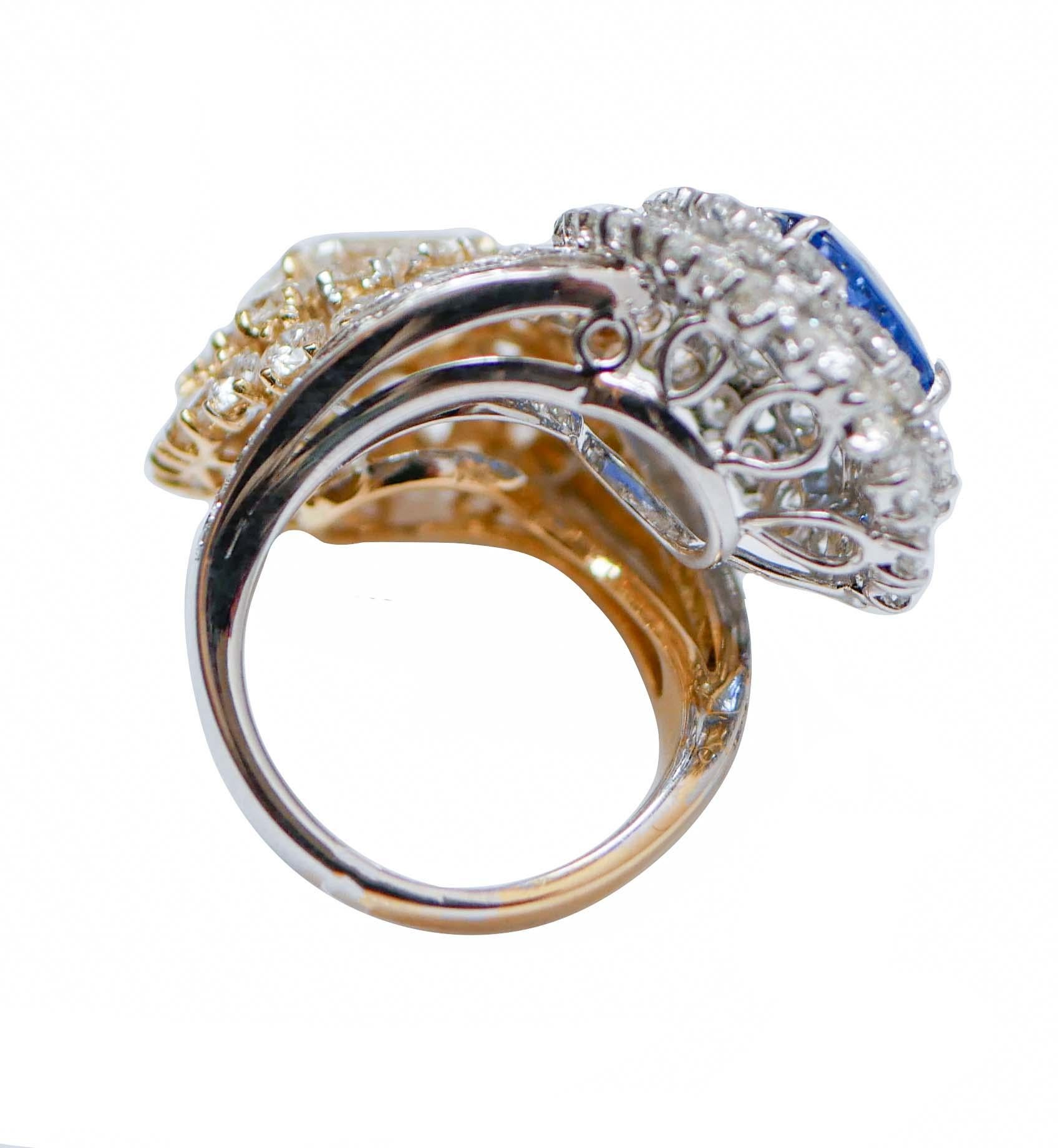 Mixed Cut Sapphire, Diamonds, 18 Karat White Gold and Yellow Gold Ring. For Sale