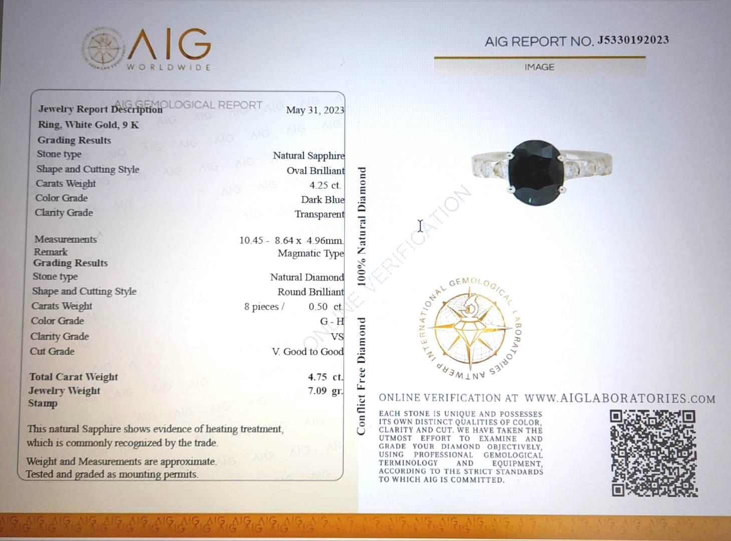 Stunning solitaire ring featuring a natural  dark blue sapphire oval cut and 8 diamonds on the ring shoulders. Handmade in 9k white gold. Marked with the Italian gold mark 375 and Botta Gioielli brandmark 716MI.
Jewelry report: AIG no.