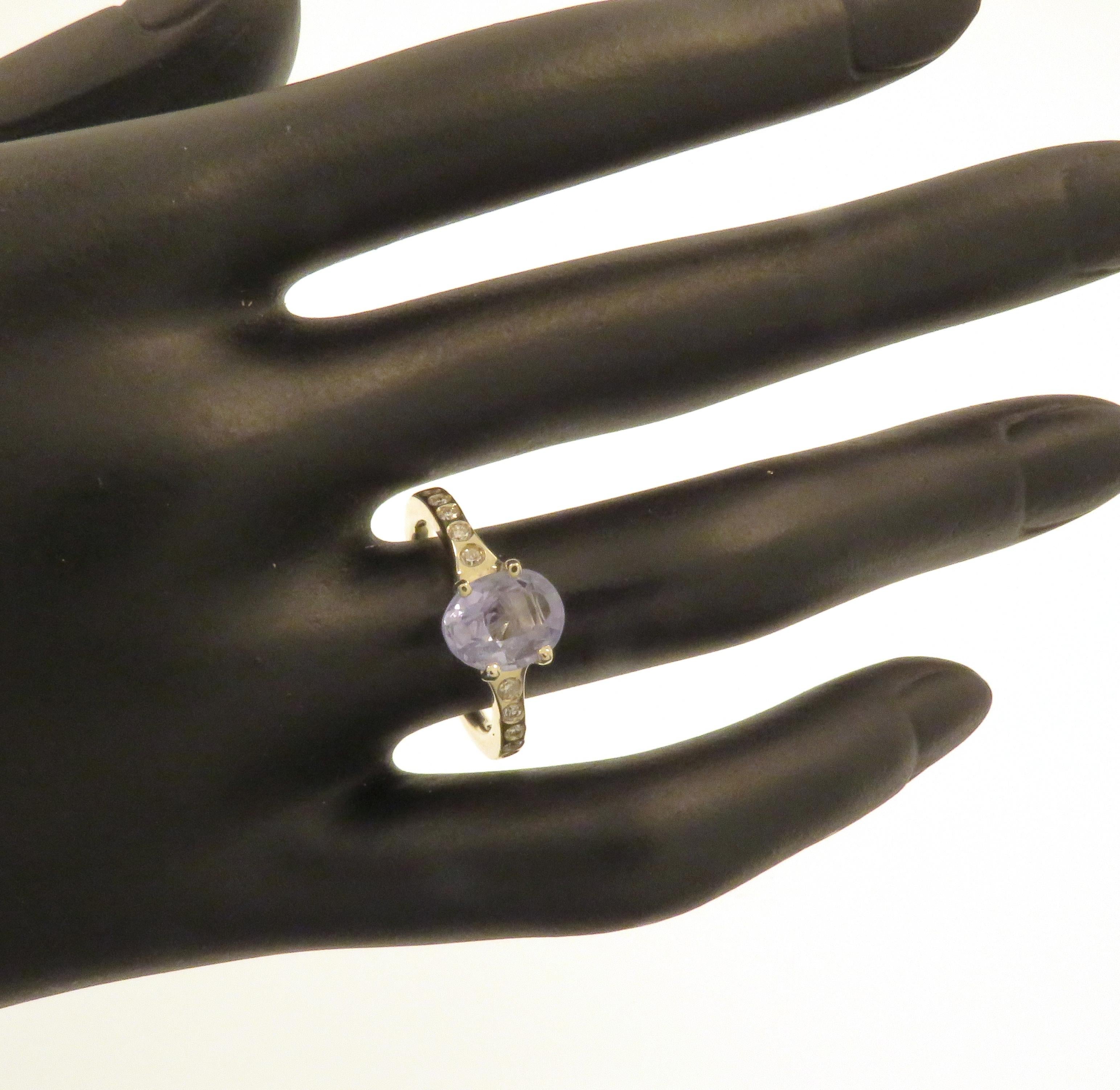 Stunning solitaire ring featuring a natural delicate blue sapphire oval cut and 10 diamonds on the ring shoulders. Handmade in 9k white gold. Marked with the Italian gold mark 375 and Botta Gioielli brandmark 716MI.

Handcrafted in: 9k white gold.
1