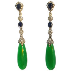 Used Sapphire, Diamonds and Jade in 18 Karat White Gold, Silver Earrings