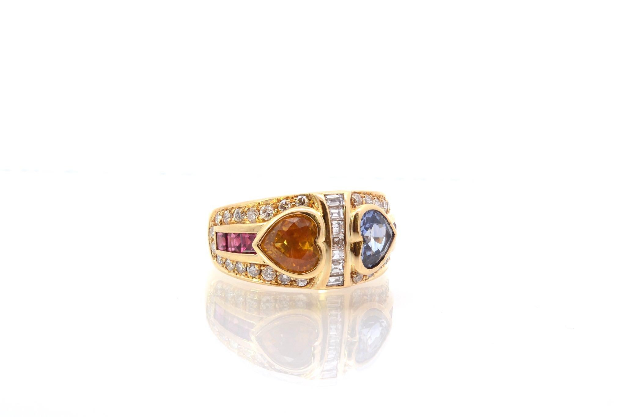 Heart Cut Sapphire, diamonds and rubies hearts ring in 18k gold For Sale