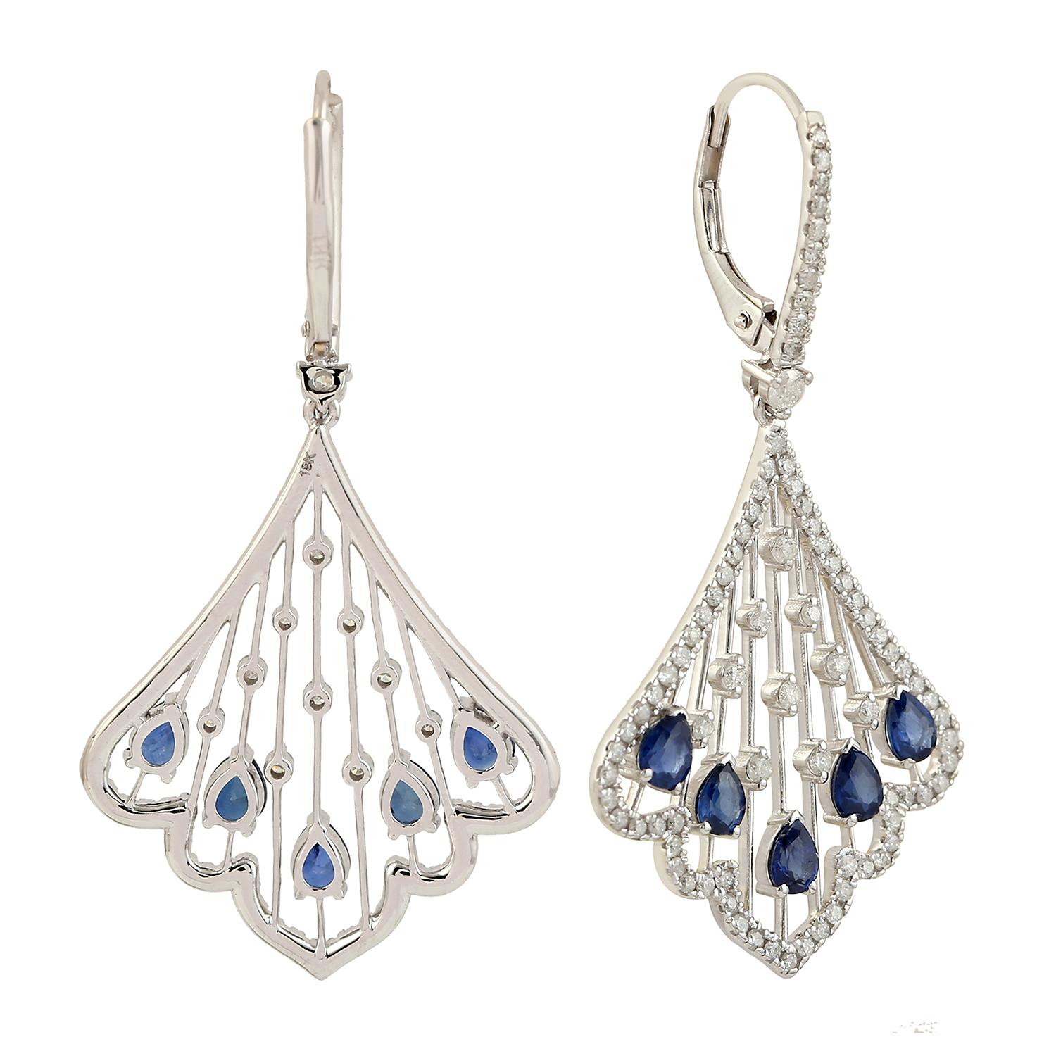 Mixed Cut Sapphire & Diamonds Dangle Earrings Made In 18k White Gold For Sale