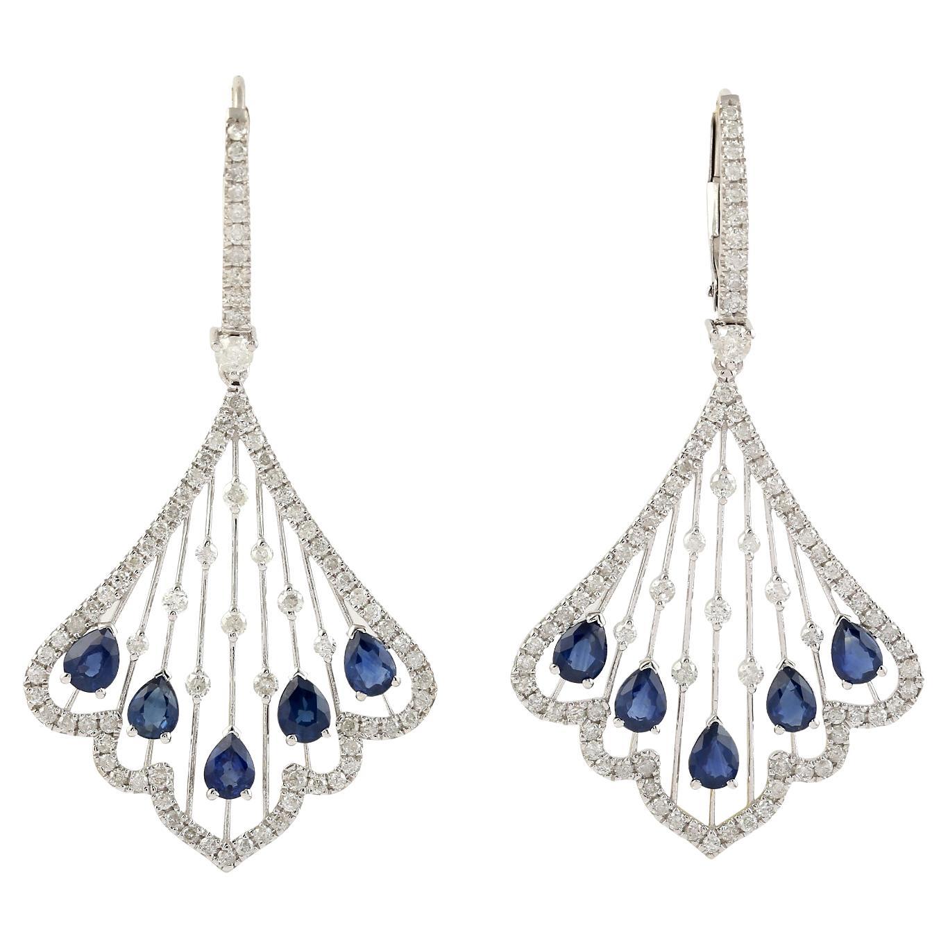 Sapphire & Diamonds Dangle Earrings Made In 18k White Gold For Sale