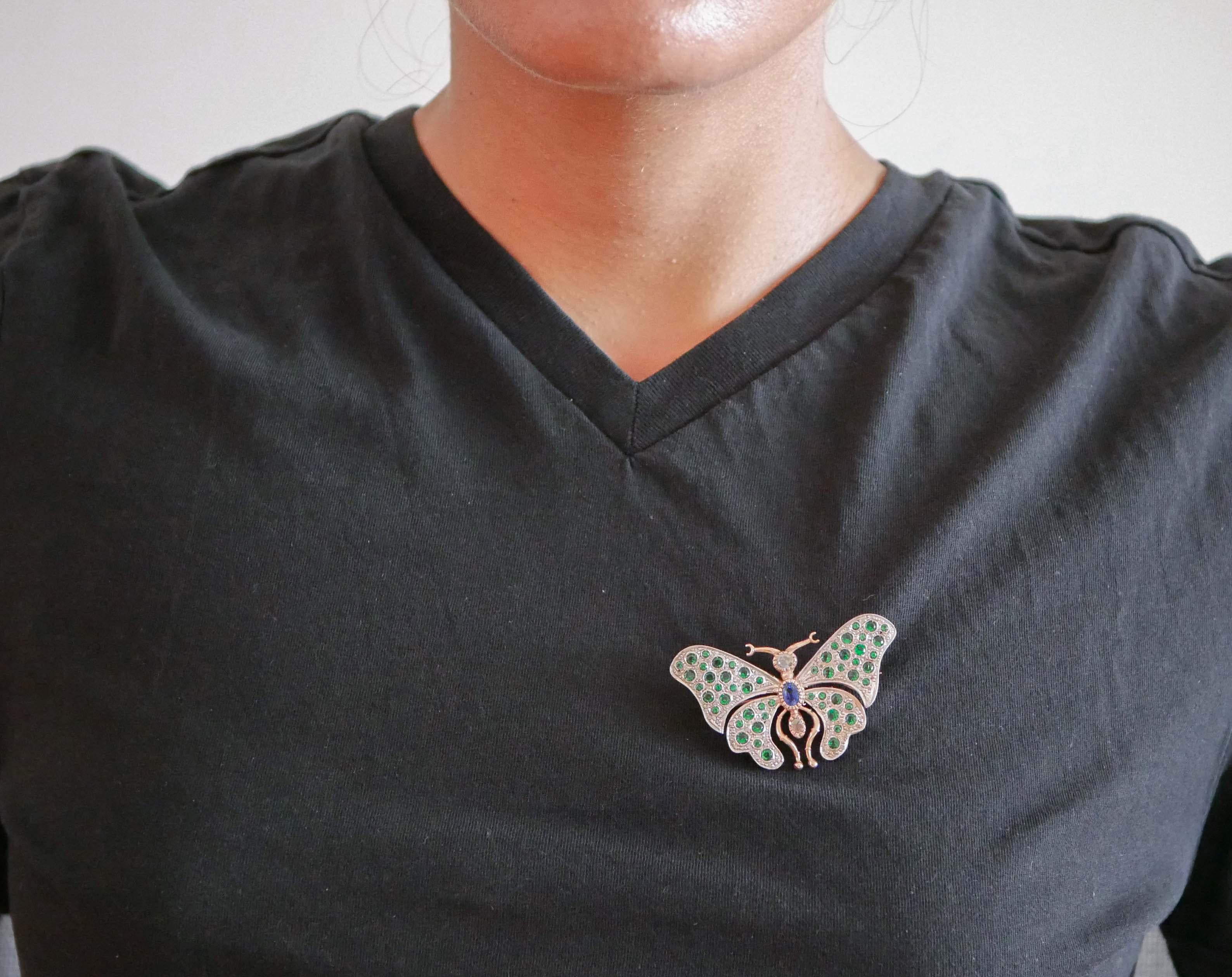 Sapphire, Diamonds, Spinel, Rose Gold and Silver Butterfly Brooch. For Sale 1