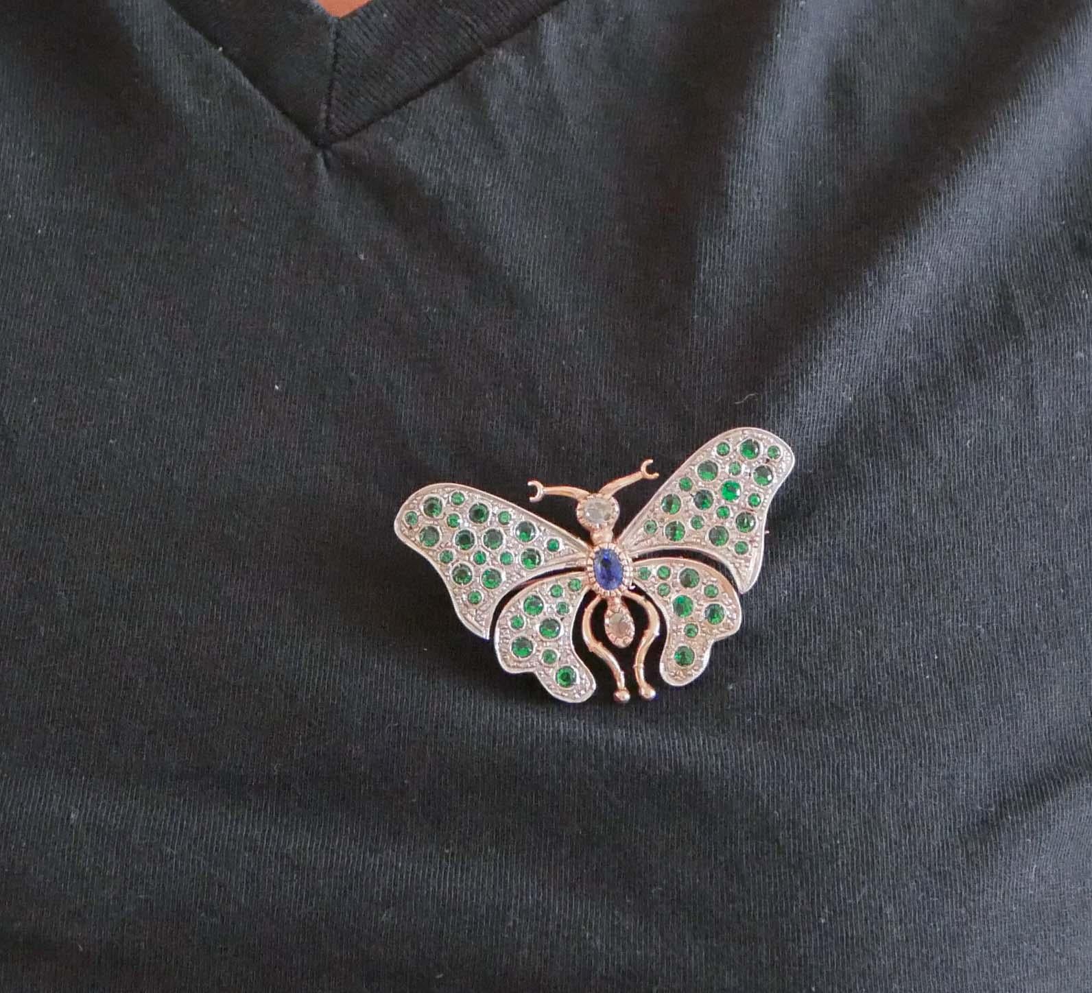 Sapphire, Diamonds, Spinel, Rose Gold and Silver Butterfly Brooch. For Sale 2