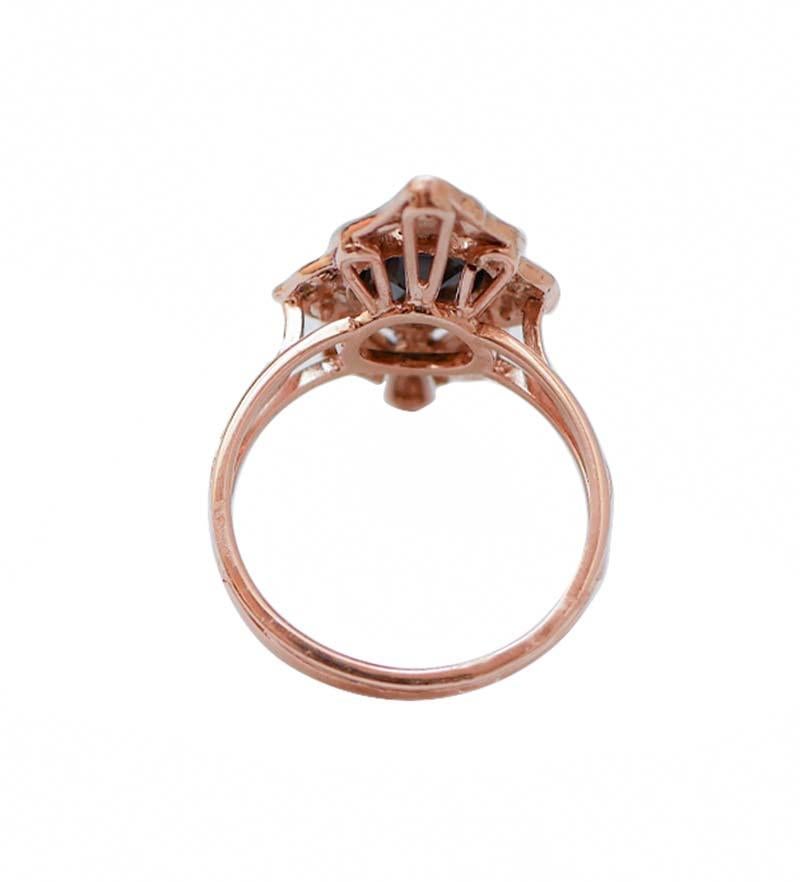 Retro Sapphire, Diamonds, Rose Gold and Silver Ring. For Sale