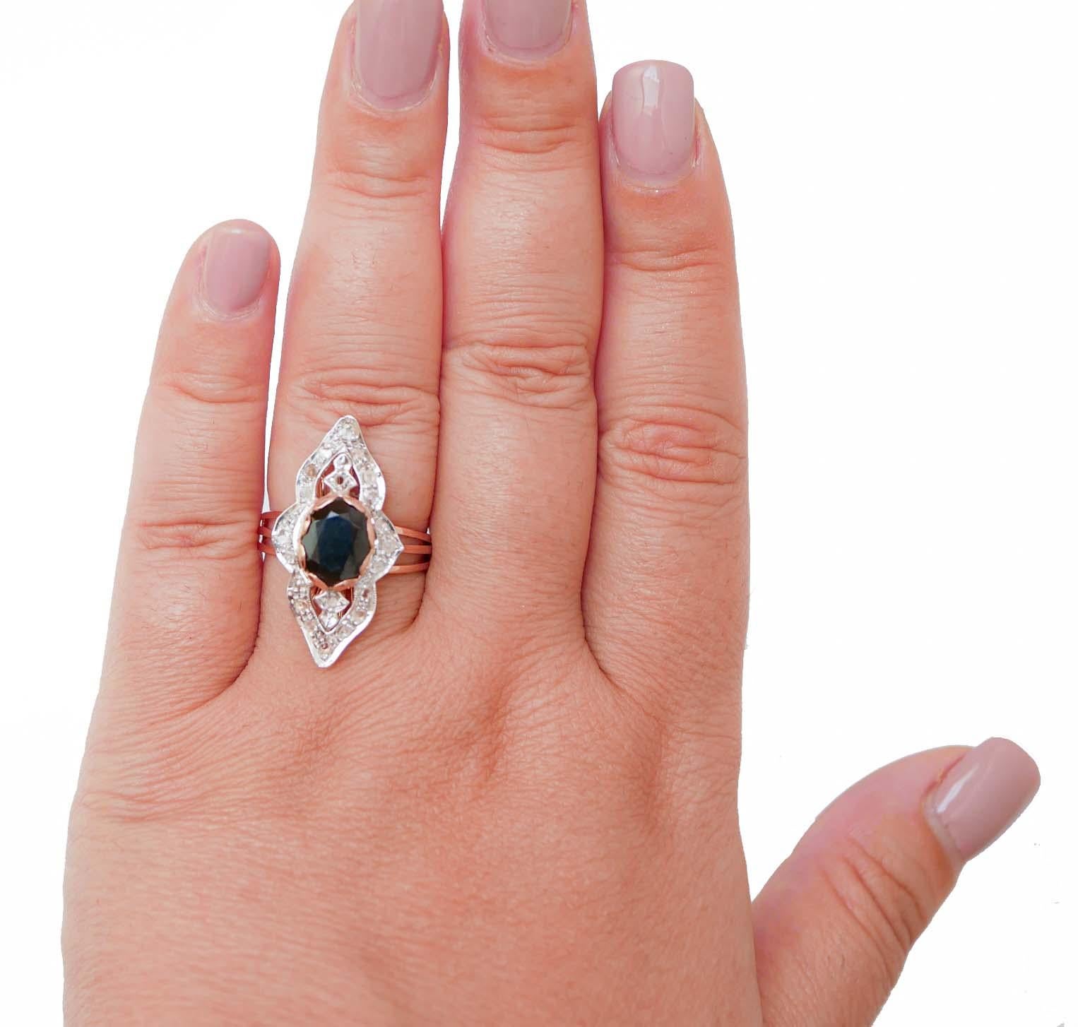 Mixed Cut Sapphire, Diamonds, Rose Gold and Silver Ring. For Sale