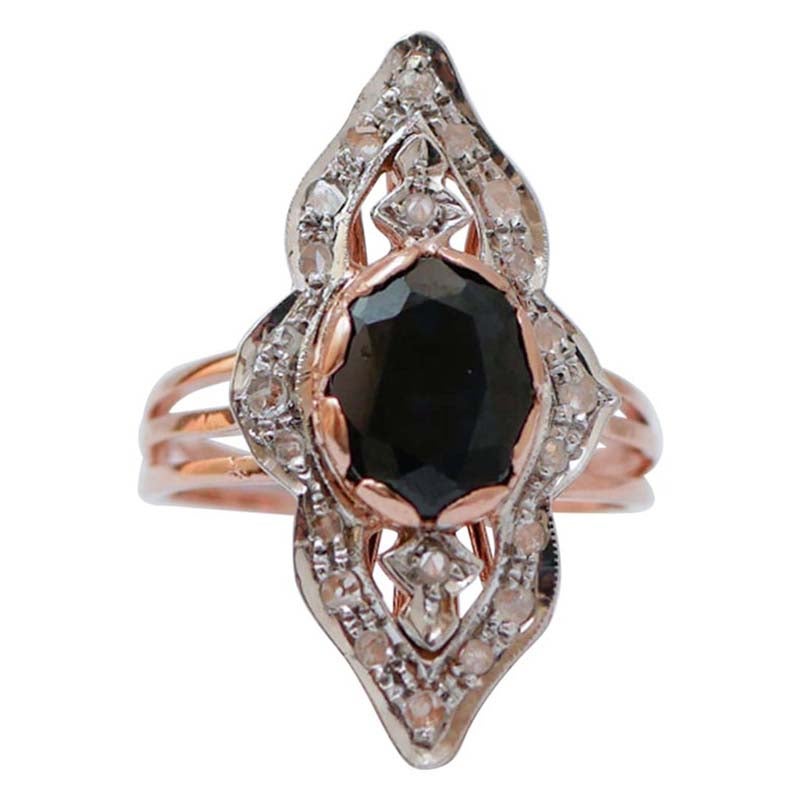 Sapphire, Diamonds, Rose Gold and Silver Ring.