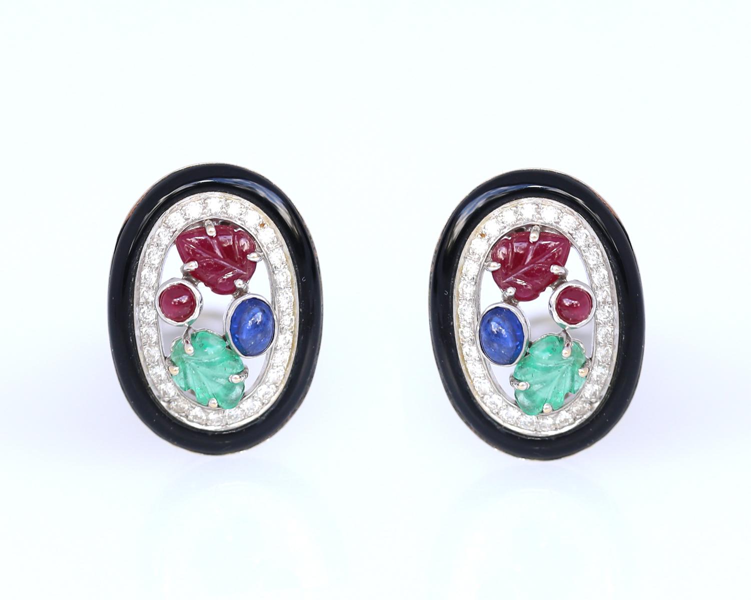 Sapphire Diamonds Rubies Emeralds Onyx 18K Gold Earrings, 1960 3