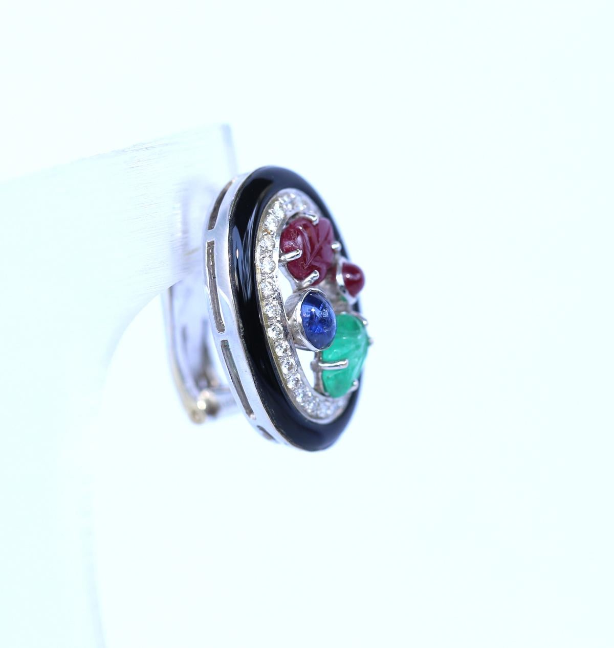 Sapphire Diamonds Rubies Emeralds Onyx 18K Gold Earrings, 1960 4