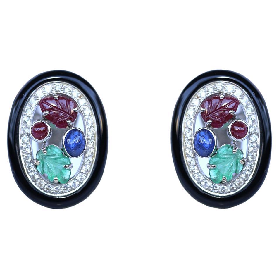 Sapphire Diamonds Rubies Emeralds Onyx 18K Gold Earrings, 1960