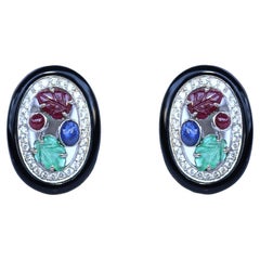 Sapphire Diamonds Rubies Emeralds Onyx 18K Gold Earrings, 1960