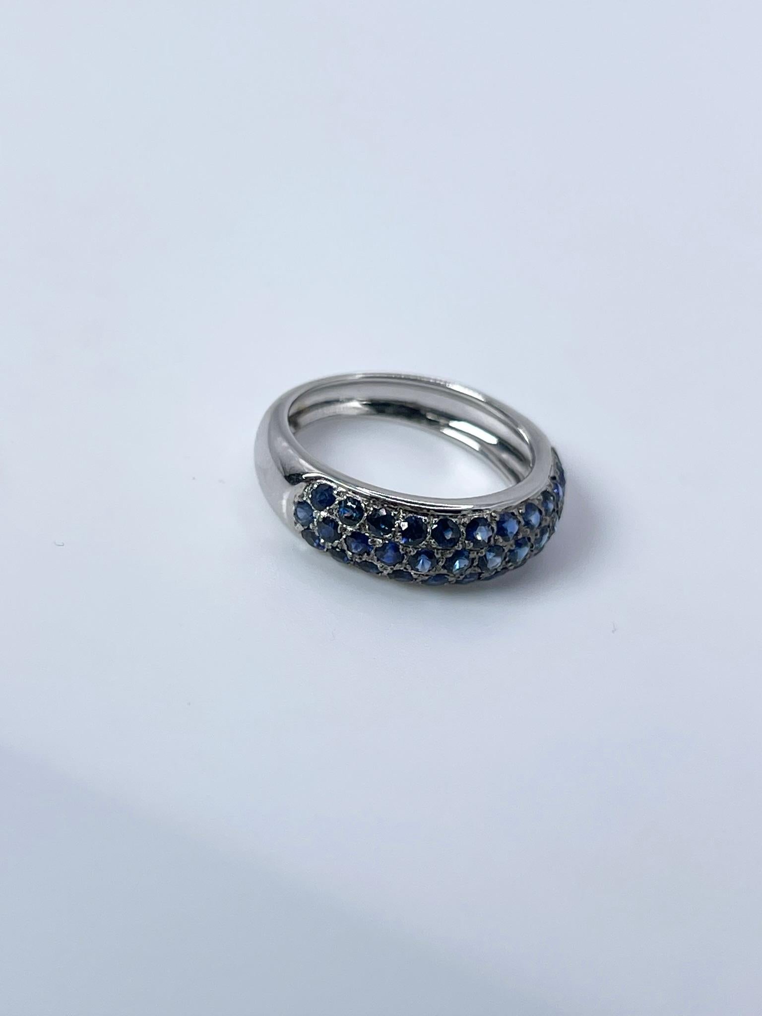Modern Sapphire Dome Ring 18KT White Gold Pave Set Diamond Ring For Sale