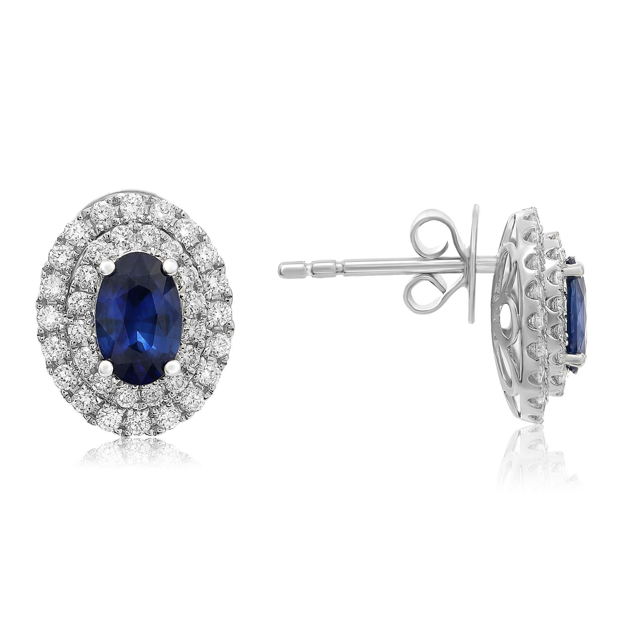 Sapphire Double Halo Stud Earrings In New Condition For Sale In New York, NY