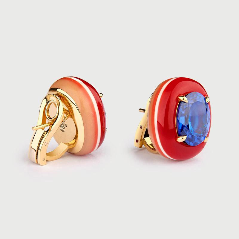 Natural Blue Sapphires: 4.0 carats total weight
18K Yellow Gold Weight: 7 grams
Earrings hand crafted in Coloured Resin

Made to order only.

Intricate work in Resin is done by hand by highly skilled craftsmen in Italy.

Natural resin, a substance