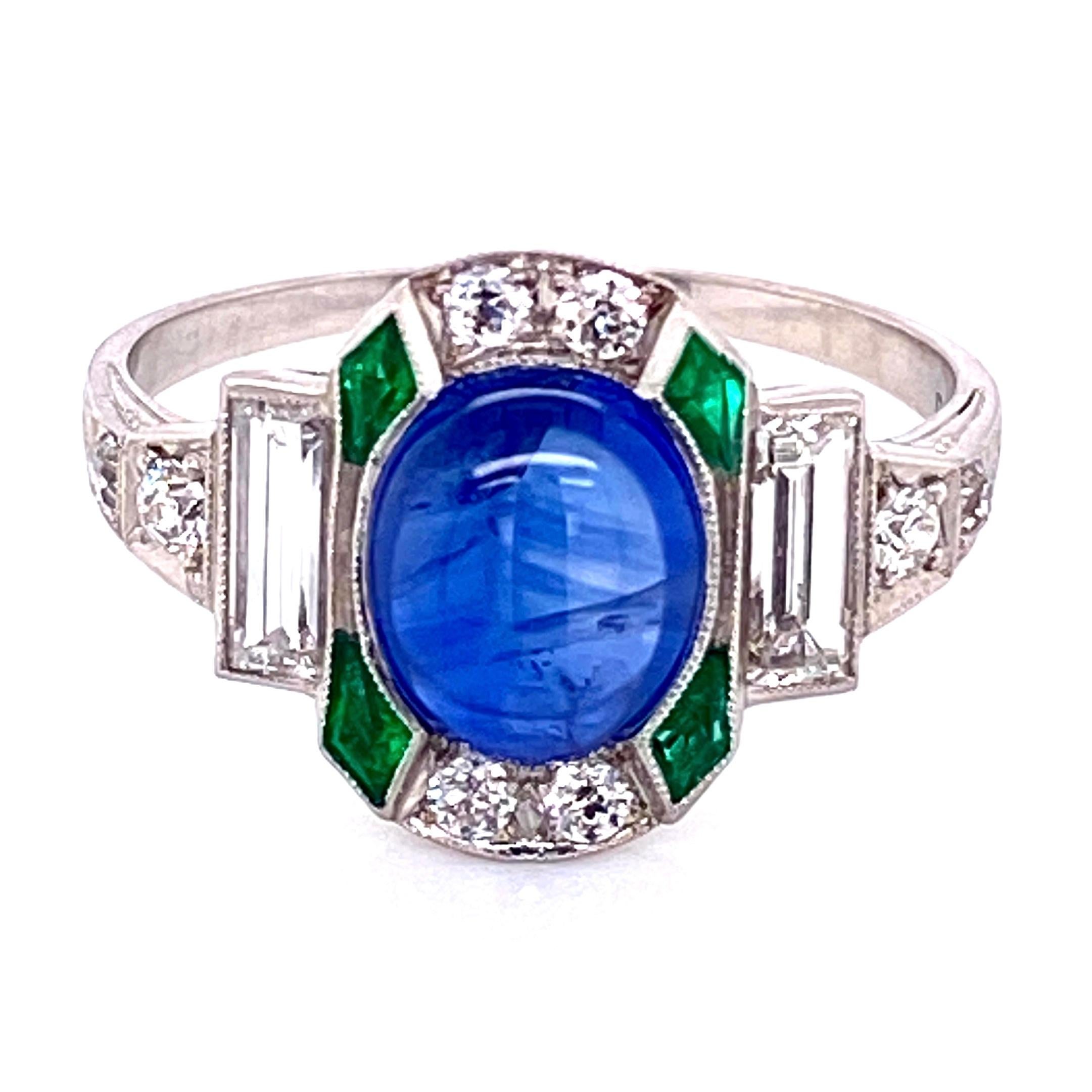Cabochon Sapphire Emerald and Diamond Art Deco Style Platinum Ring Fine Estate Jewelry