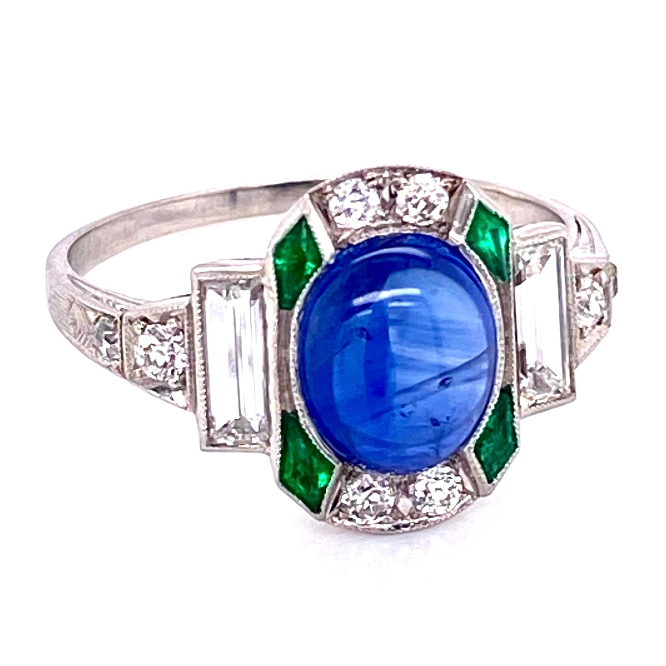 Sapphire Emerald and Diamond Art Deco Style Platinum Ring Fine Estate Jewelry 1