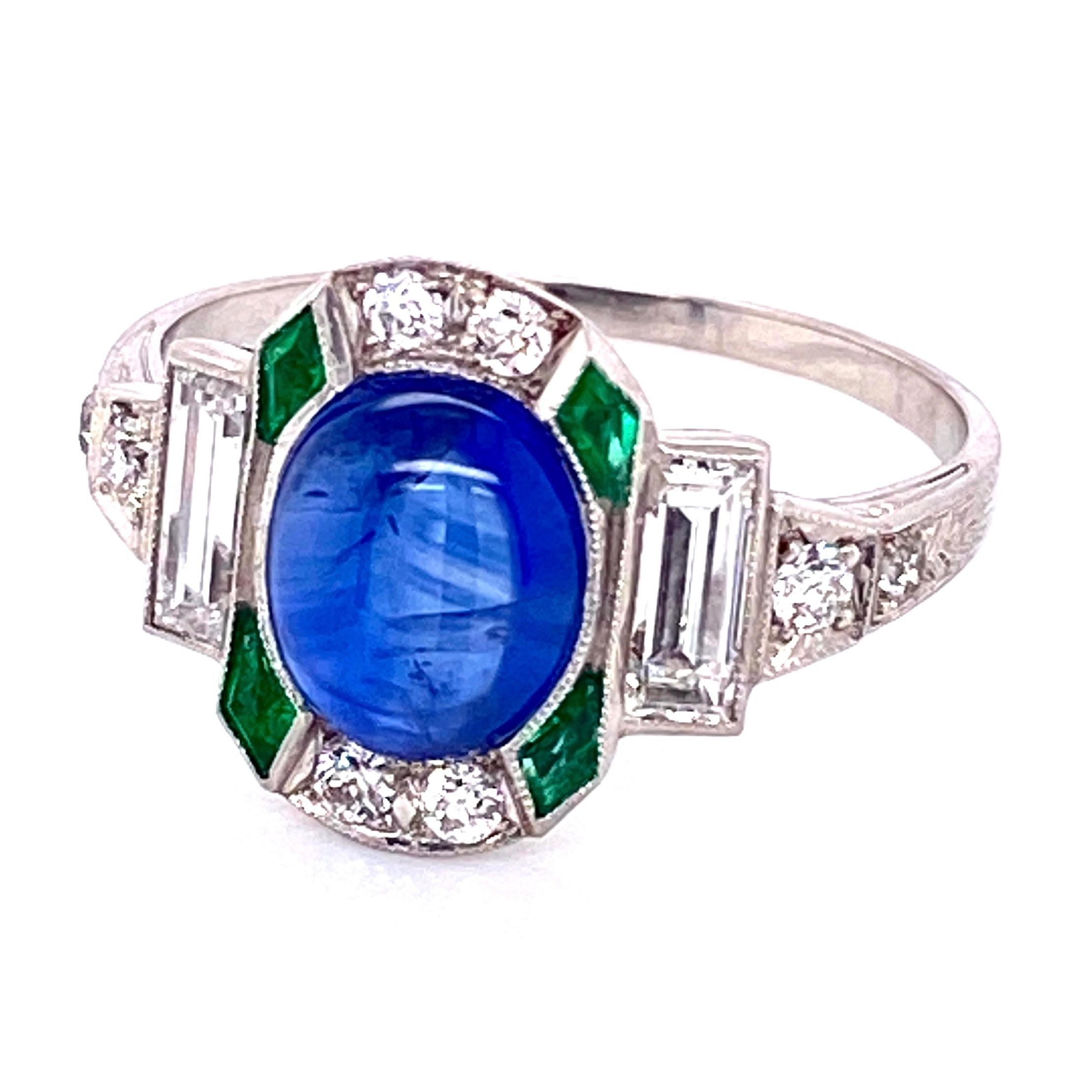 Sapphire Emerald and Diamond Art Deco Style Platinum Ring Fine Estate Jewelry 3