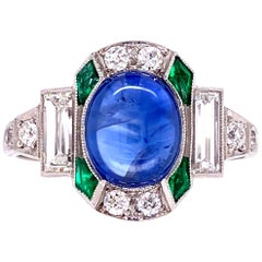 Sapphire Emerald and Diamond Art Deco Style Platinum Ring Fine Estate Jewelry