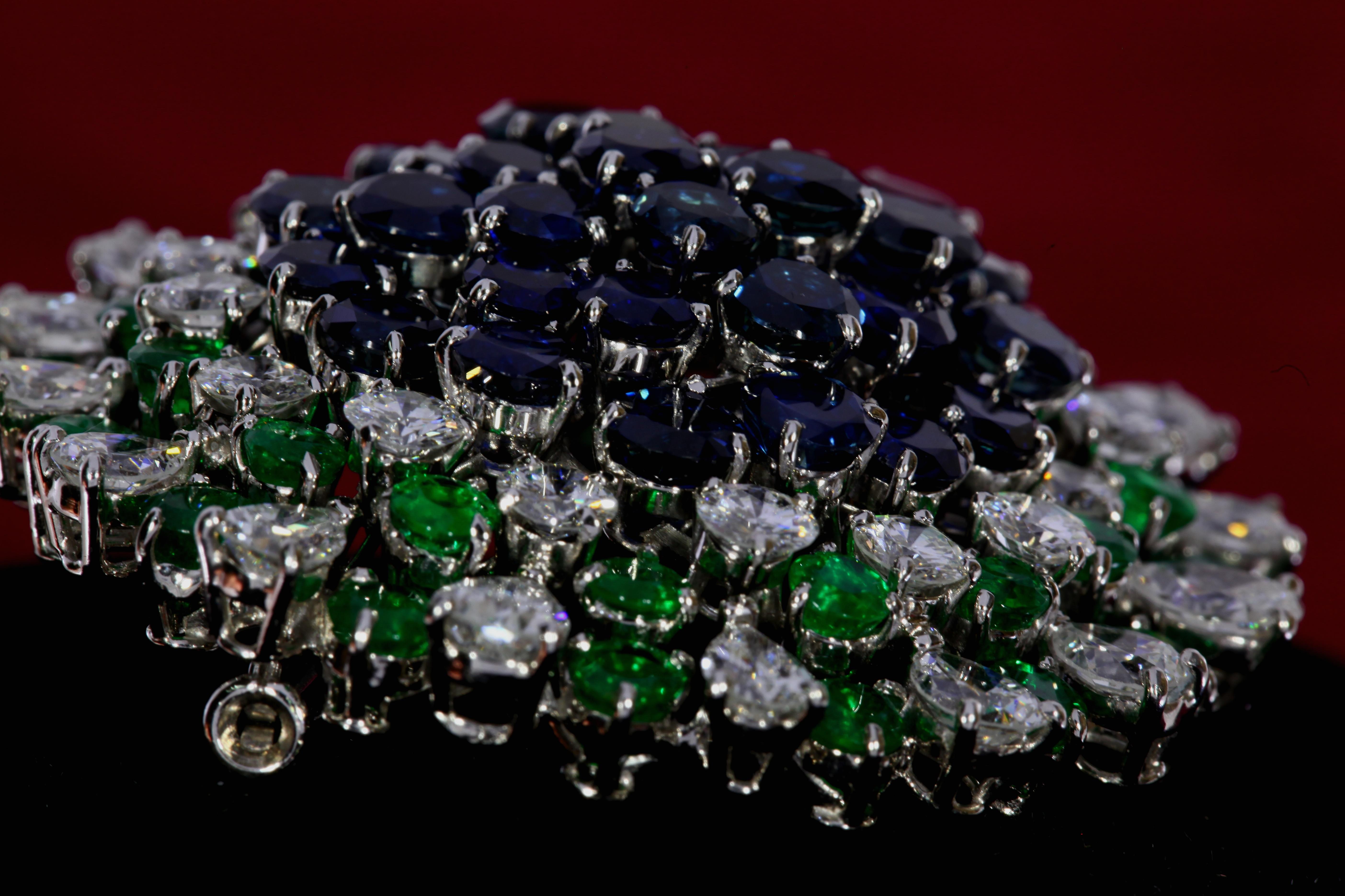 Round Cut Sapphire Emerald and Diamond Brooch, circa 1950 For Sale