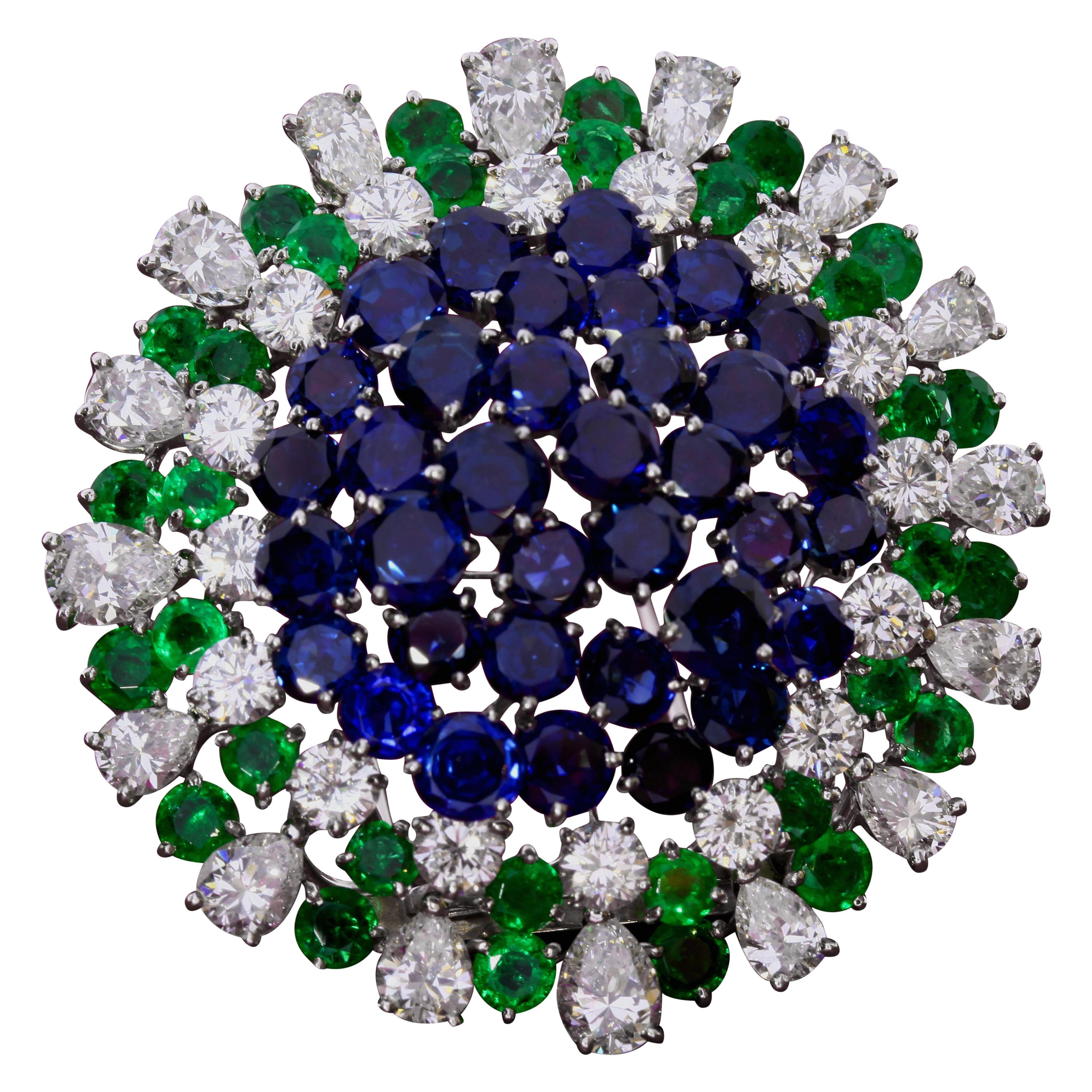 Sapphire Emerald and Diamond Brooch, circa 1950 For Sale