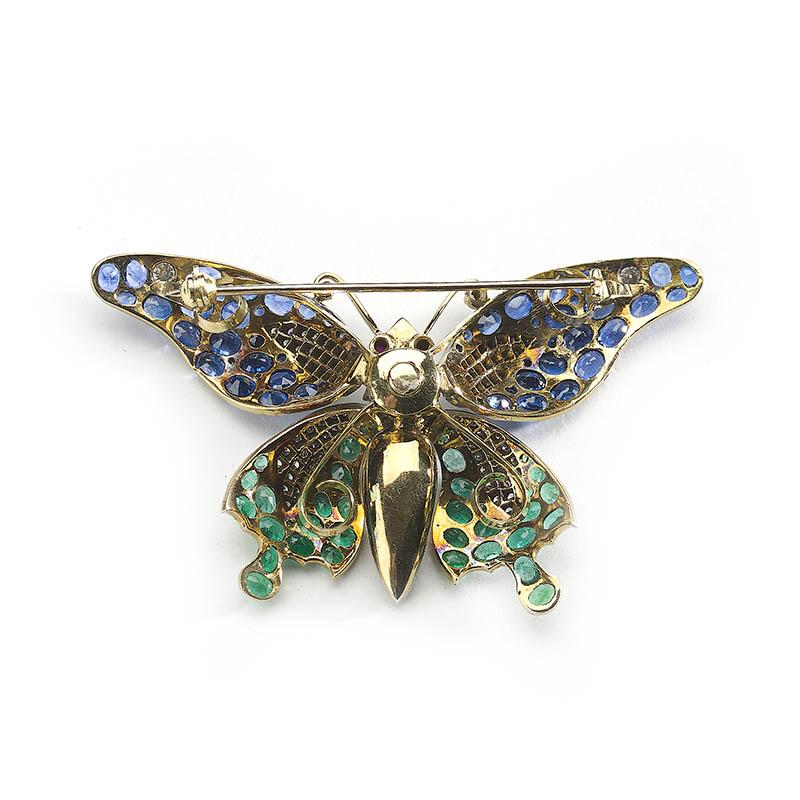 Rose Cut Sapphire, Emerald and Diamond Butterfly Brooch