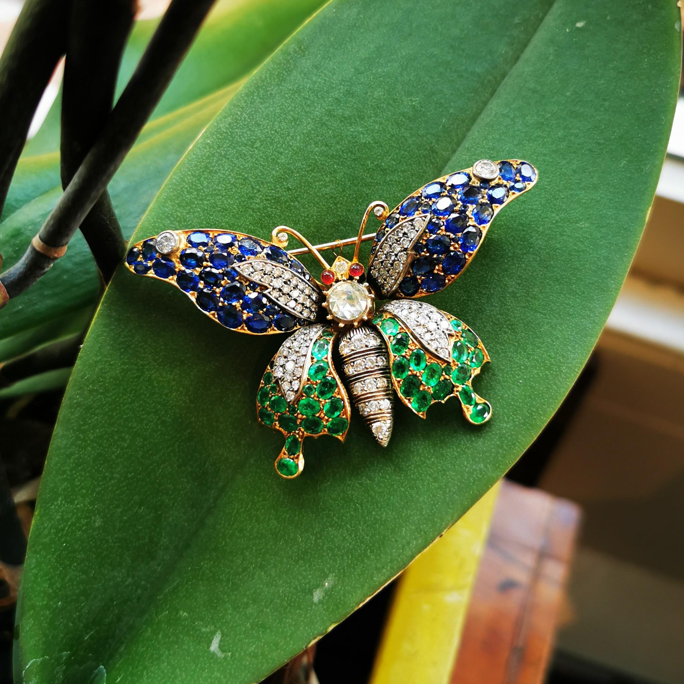 Women's Sapphire, Emerald and Diamond Butterfly Brooch