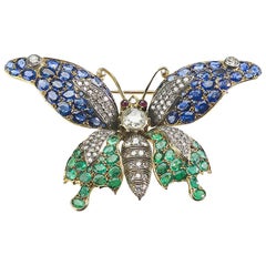 Sapphire, Emerald and Diamond Butterfly Brooch