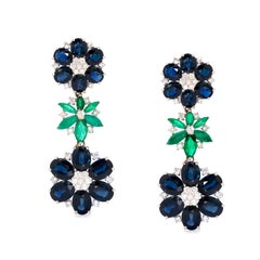 Vintage Sapphire, Emerald and Diamond Classic Drop, Floral Design Estate Earrings