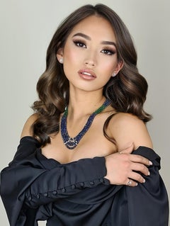 Sapphire, Emerald and Diamond Four-Row Bead Necklace in 18 Carat White Gold