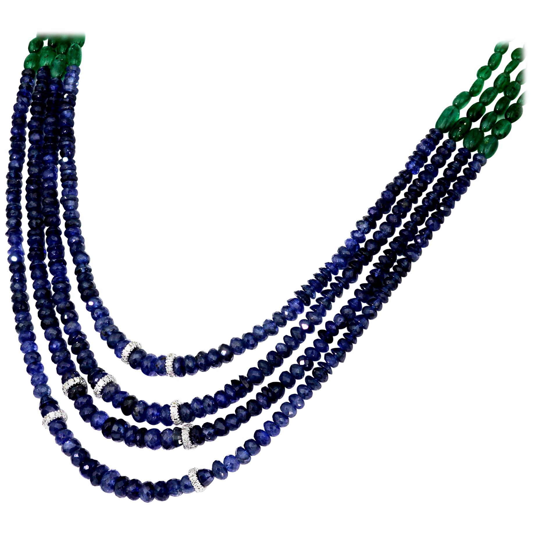 Sapphire, Emerald and Diamond Four-Row Bead Necklace in 18 Carat White Gold