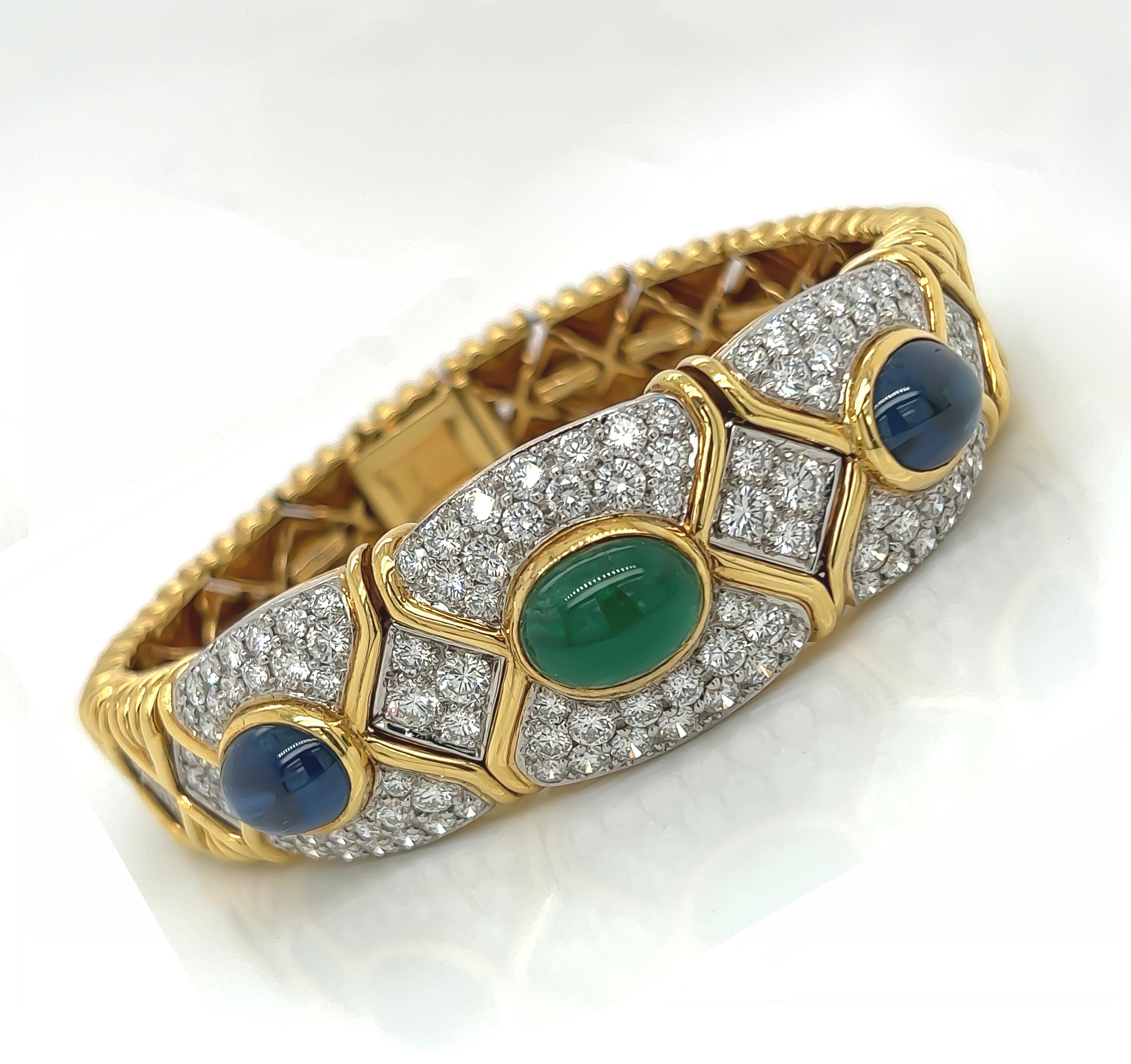 Sapphire, Emerald and Diamond Multi-Gemstone Bracelet in 18K Yellow Gold

This amazing bracelet features 9.95 carats of diamond, 7.25 carats of sapphire, and 4.55 carats of emerald, set into 72.2 grams of yellow gold. This is perfect as a glamorous