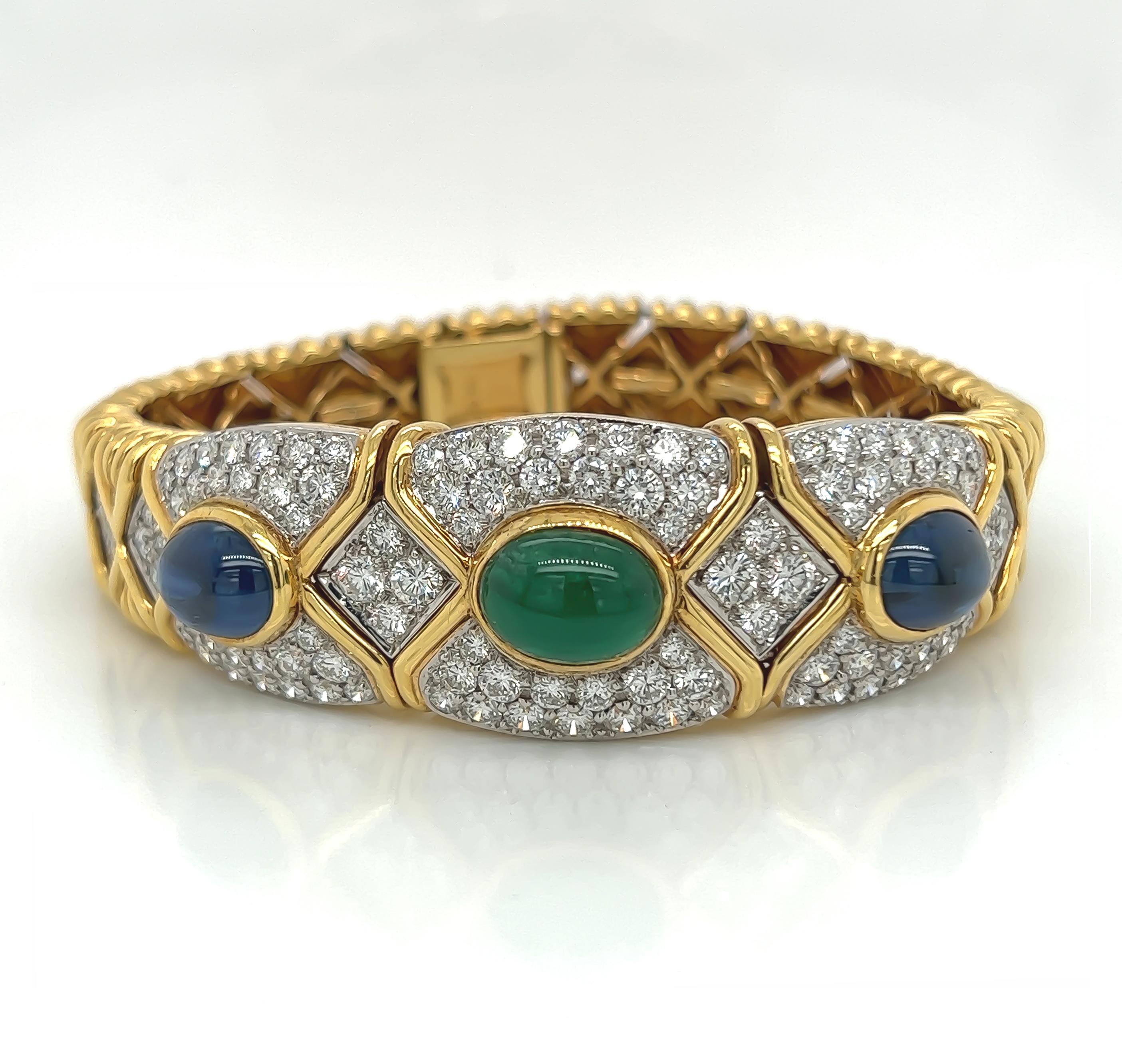 Cabochon Sapphire, Emerald and Diamond Multi-Gemstone Bracelet in 18K Yellow Gold For Sale