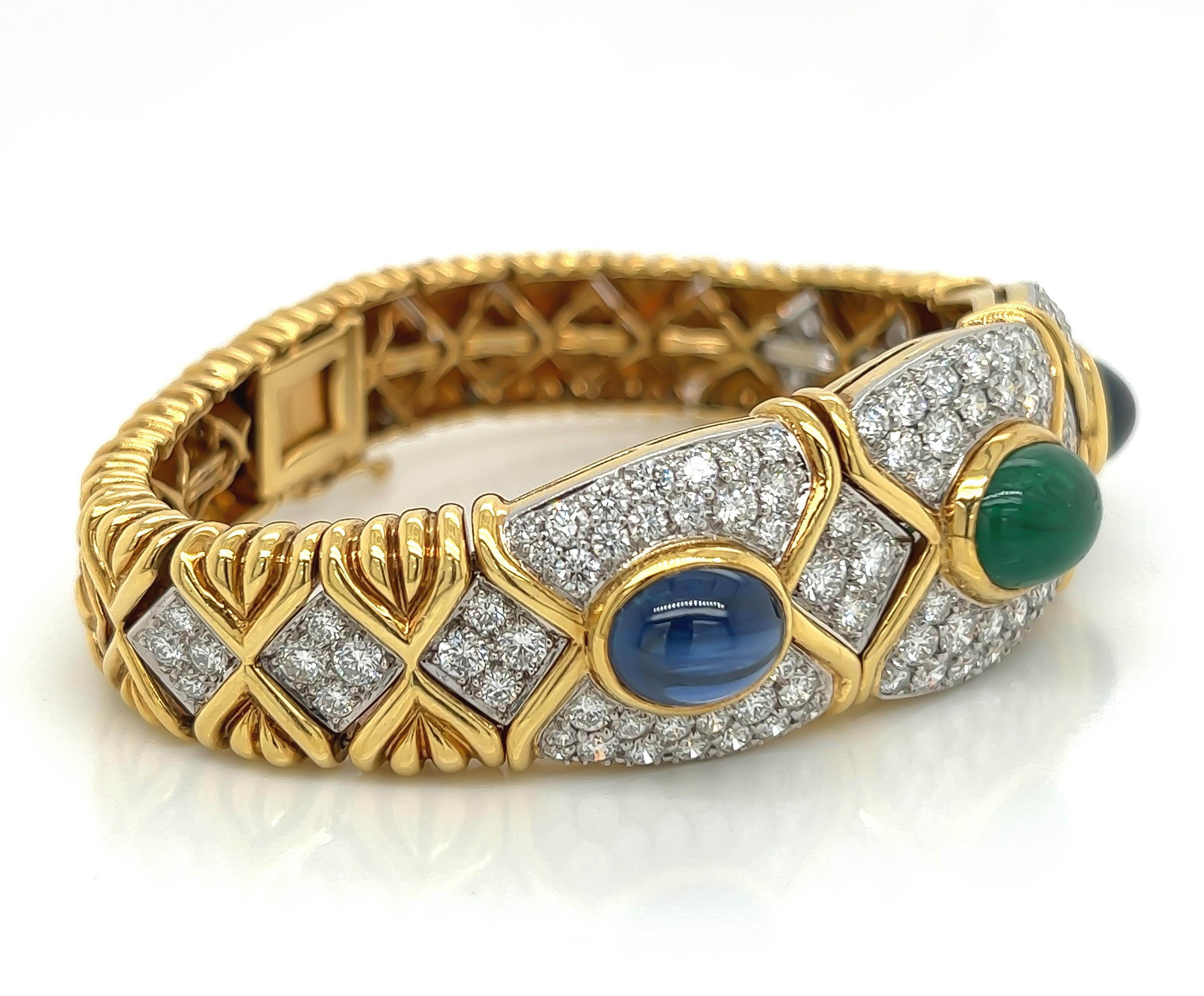 Women's Sapphire, Emerald and Diamond Multi-Gemstone Bracelet in 18K Yellow Gold For Sale