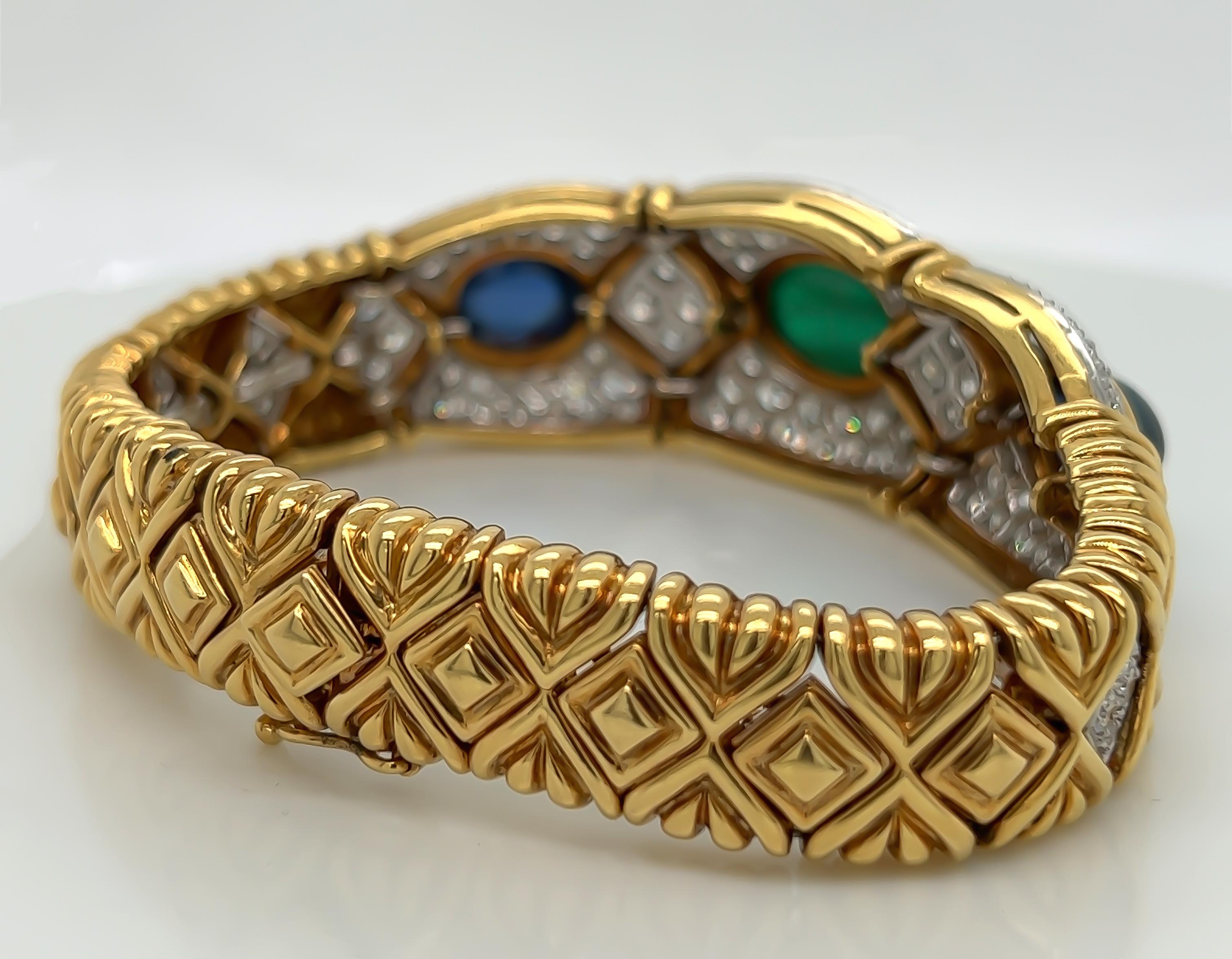 Sapphire, Emerald and Diamond Multi-Gemstone Bracelet in 18K Yellow Gold For Sale 1